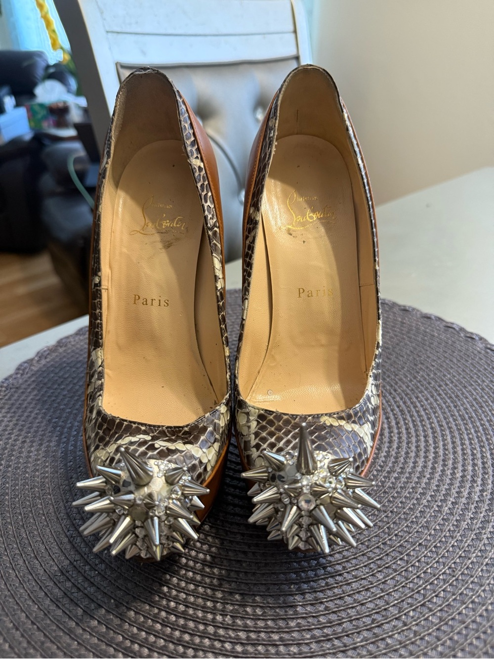 Cristian  Louboutin  slip Brown Snake-Print Spike-Toe High Heels